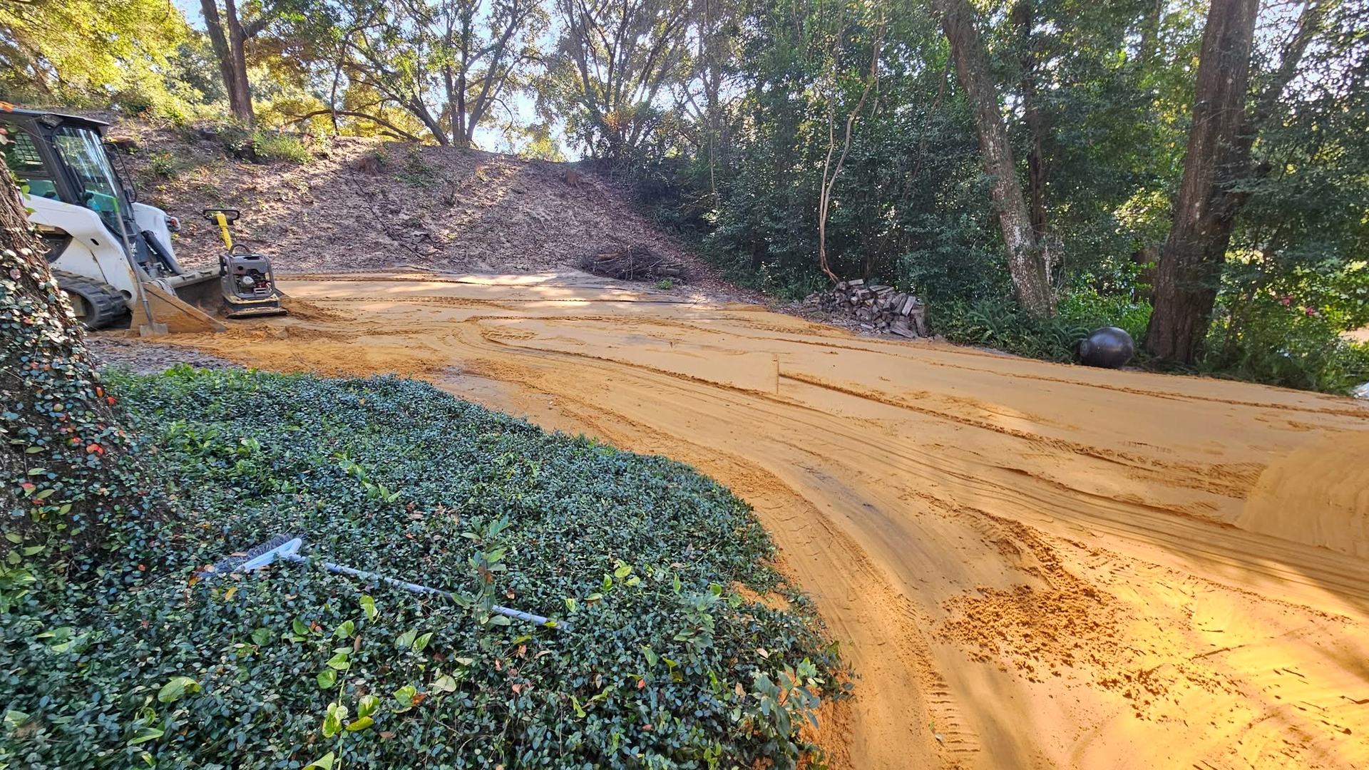 Orange fill sand curving under live oaks with the skid steer and plate compactor